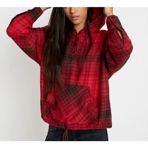 Urban Outfitters Top Womens Large Alex Red Plaid Popover Flannel Drawstring Hood - Picture 1 of 9